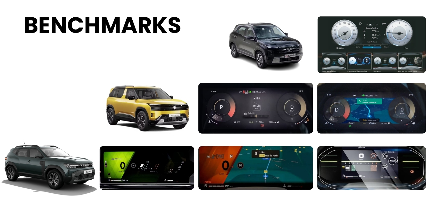 Benchmark cluster displays — Hyundai Creta, Tata Sierra, Renault Duster